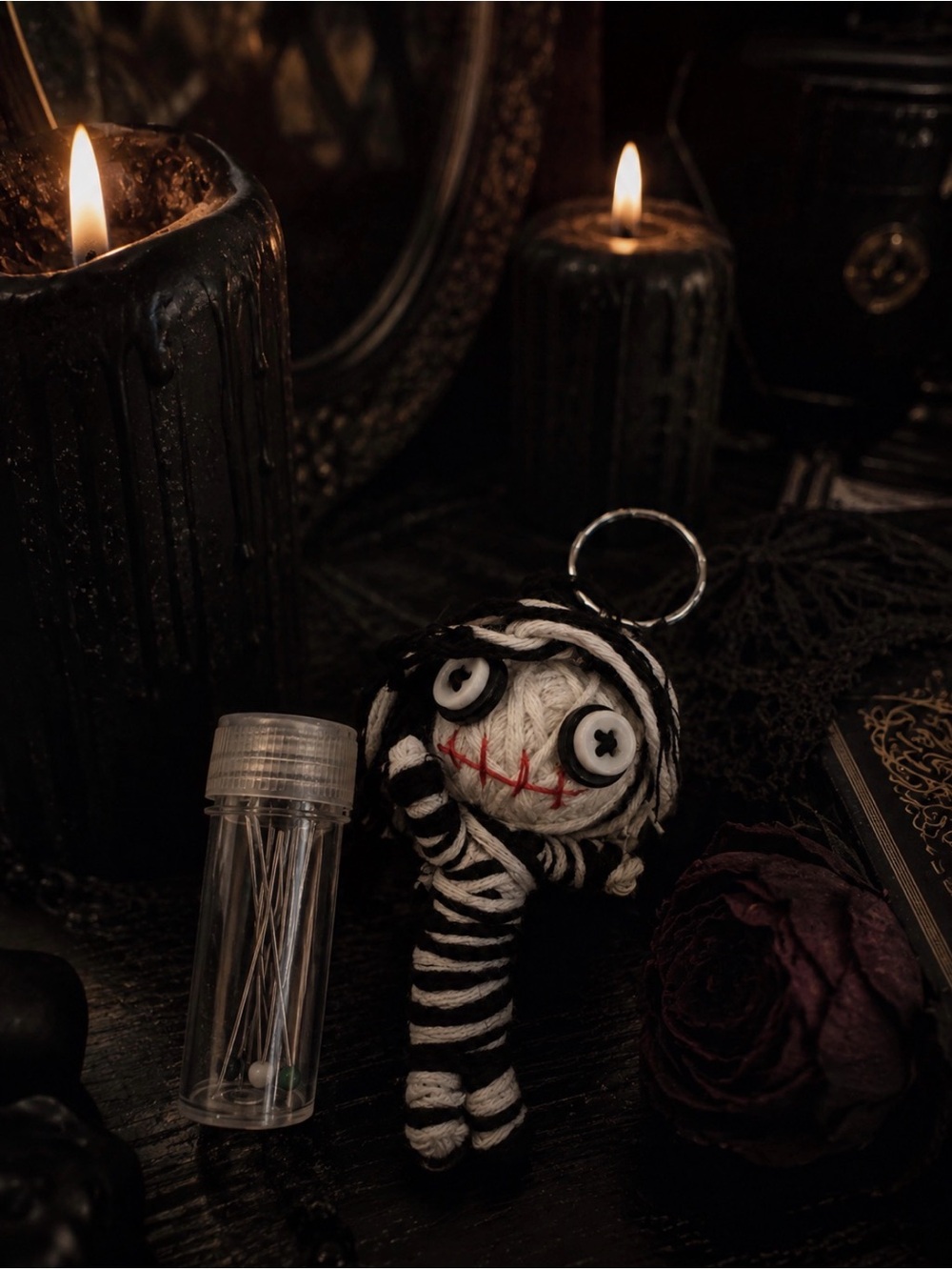 Creepy Voodoo Doll Keychain w/ 10 Pins Gothic Halloween Witchy